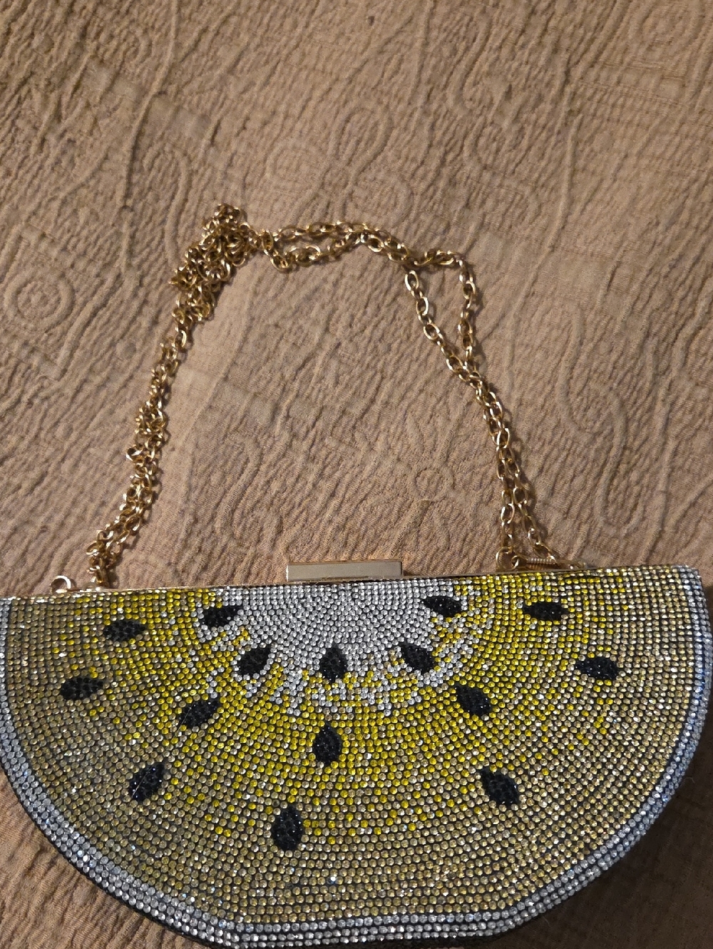 Crystal-Embellished Yellow Lemon Slice Evening Clutch with Gold Chain